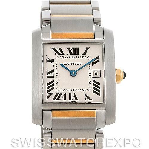 The image shows a front view of a Cartier Tank Francaise W51012Q4 Women's Steel and Gold (two tone) Silver Dial W51012Q4 Women's Steel and Gold (two tone) Silver Dial watch displaying its face, bezel, and part of the bracelet.