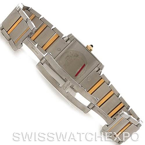 The image shows the back view of a Cartier Tank Francaise W51012Q4 Women's Steel and Gold (two tone) Silver Dial W51012Q4 Women's Steel and Gold (two tone) Silver Dial watch with its bracelet and clasp visible.