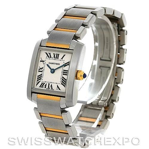 The image shows a Cartier Tank Française watch angled to display the dial, bracelet, and crown.