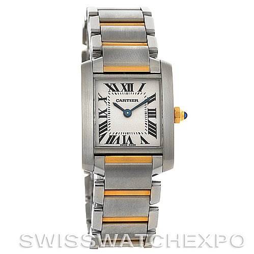This image displays a Tank Francaise watch by Cartier, showing the face, bezel, and the full bracelet from a front angle.