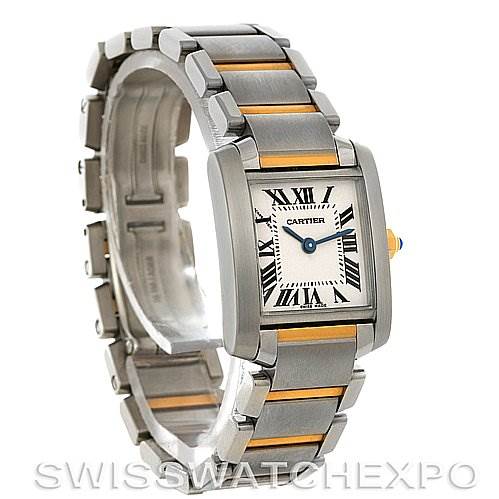 This image shows a Cartier Tank Francaise W51007Q4 Women's Steel and Gold (two tone) Silver Dial W51007Q4 Women's Steel and Gold (two tone) Silver Dial watch at an angled side view, highlighting its face, crown, and two-tone bracelet.
