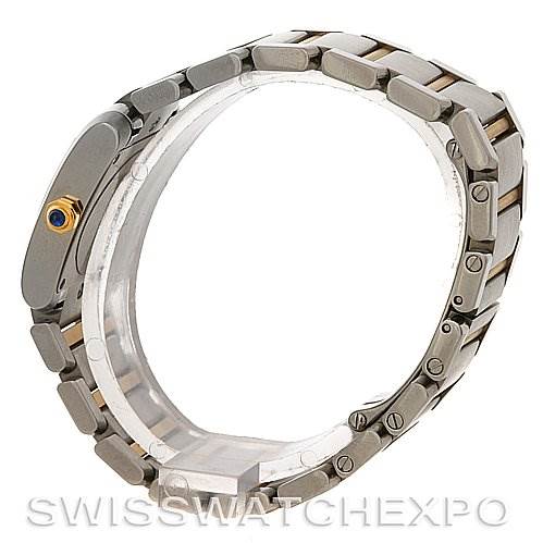 The image shows a side view of the Cartier Tank Francaise W51007Q4 Women's Steel and Gold (two tone) Silver Dial W51007Q4 Women's Steel and Gold (two tone) Silver Dial watch, focusing on its metal bracelet and clasp.