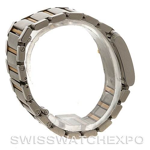 The image shows the side view of a Cartier Tank Française model watch, focusing on the bracelet and clasp.