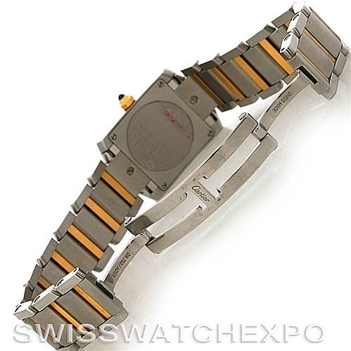 The image shows the back and clasp of a Cartier Tank Francaise W51007Q4 Women's Steel and Gold (two tone) Silver Dial W51007Q4 Women's Steel and Gold (two tone) Silver Dial watch, highlighting its two-tone bracelet.