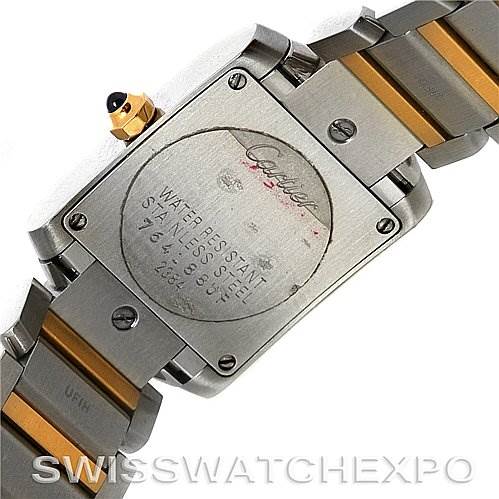 This image shows the back case and bracelet of a Cartier Tank Francaise W51007Q4 Women's Steel and Gold (two tone) Silver Dial W51007Q4 Women's Steel and Gold (two tone) Silver Dial watch from a slightly angled perspective.