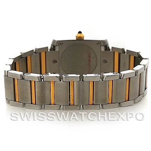 This image shows the back view of the Cartier Tank Francaise W51007Q4 Women's Steel and Gold (two tone) Silver Dial W51007Q4 Women's Steel and Gold (two tone) Silver Dial watch, specifically showcasing its metal bracelet and clasp.
