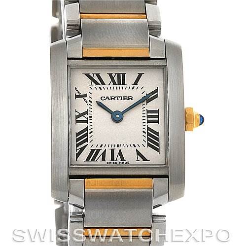 This image shows a frontal view of the Cartier Tank Française watch, highlighting its face, bezel, crown, and part of its metal bracelet.