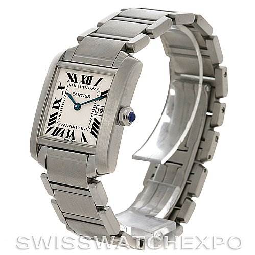 The Cartier Tank Francaise W51011Q3 Women's Stainless Steel Silver Dial W51011Q3 Women's Stainless Steel Silver Dial watch is shown from a three-quarter angle, highlighting its face, crown, and part of the bracelet.