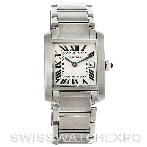 This Cartier Tank Française watch is shown from a front angle, displaying the face, bracelet, crown, and dial details.
