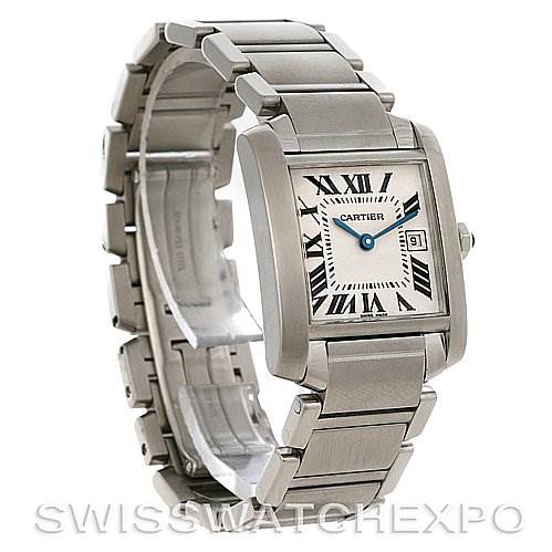 The Cartier Tank Francaise W51011Q3 Women's Stainless Steel Silver Dial W51011Q3 Women's Stainless Steel Silver Dial watch is shown at a three-quarter angle, featuring its bracelet and square face with Roman numerals.