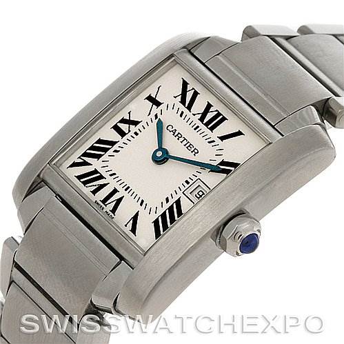 This image shows a close-up view of the Cartier Tank Francaise W51011Q3 Women's Stainless Steel Silver Dial W51011Q3 Women's Stainless Steel Silver Dial watch, focusing on the face, crown, and bracelet.