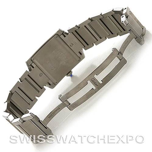 The image shows the back side and clasp of a Cartier Tank Francaise W51011Q3 Women's Stainless Steel Silver Dial W51011Q3 Women's Stainless Steel Silver Dial watch, displaying the metal bracelet and clasp mechanism.