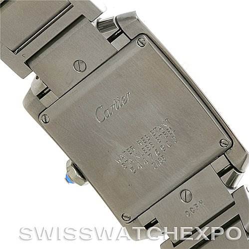 The image shows the back case and part of the bracelet of a Cartier Tank Francaise W51011Q3 Women's Stainless Steel Silver Dial W51011Q3 Women's Stainless Steel Silver Dial watch.