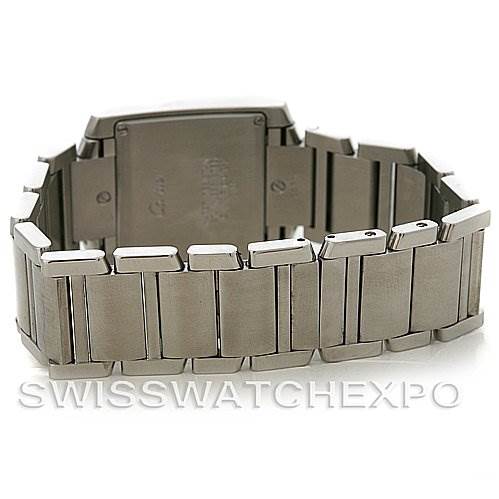 The image shows the back and bracelet of a Cartier Tank Francaise W51011Q3 Women's Stainless Steel Silver Dial W51011Q3 Women's Stainless Steel Silver Dial watch from a rear angle.