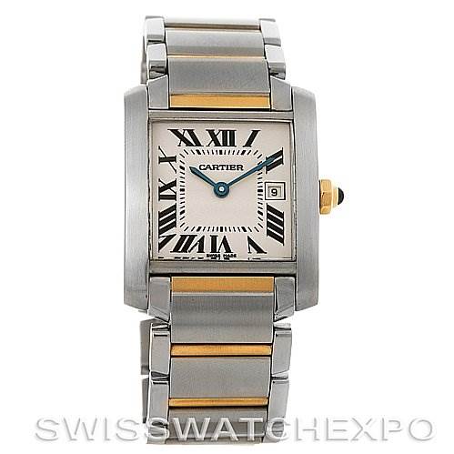 The image shows a front view of the Cartier Tank Francaise W51012Q4 Women's Steel and Gold (two tone) Silver Dial W51012Q4 Women's Steel and Gold (two tone) Silver Dial watch, highlighting its rectangular face, bracelet, and date display.