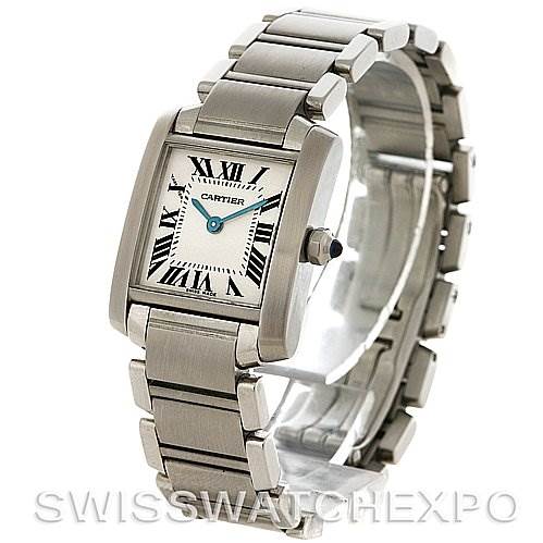 The image shows a Cartier Tank Francaise W51008Q3 Women's Stainless Steel White Dial W51008Q3 Women's Stainless Steel White Dial watch at a slight angle, detailing its rectangular face and stainless steel bracelet.