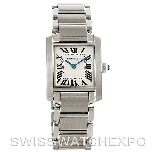 The image shows a Cartier Tank Francaise W51008Q3 Women's Stainless Steel White Dial W51008Q3 Women's Stainless Steel White Dial watch from a front angle, displaying its face, bracelet, and crown.