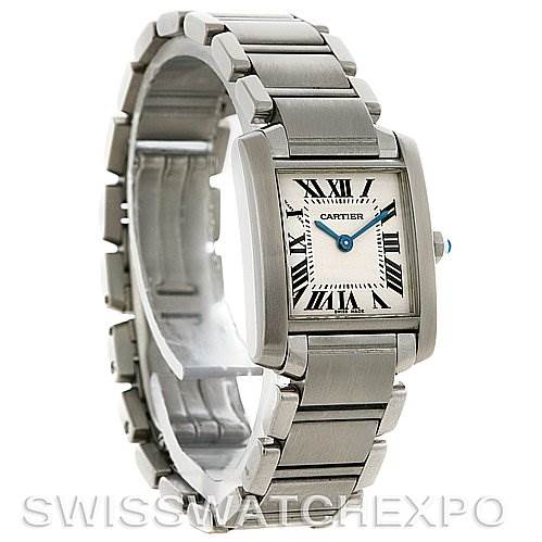 The image shows a side angle view of the Cartier Tank Francaise W51008Q3 Women's Stainless Steel White Dial W51008Q3 Women's Stainless Steel White Dial watch, highlighting its stainless steel bracelet and rectangular face.