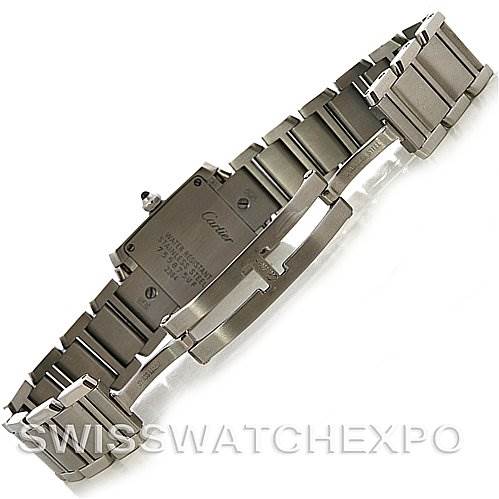 The image shows the back view and bracelet of a Cartier Tank Française watch.