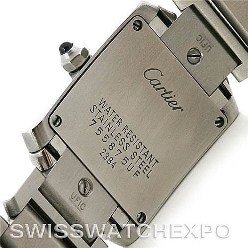 The image shows the back case of a Cartier Tank Francaise W51008Q3 Women's Stainless Steel White Dial W51008Q3 Women's Stainless Steel White Dial watch, highlighting its water resistance, and stainless steel material.