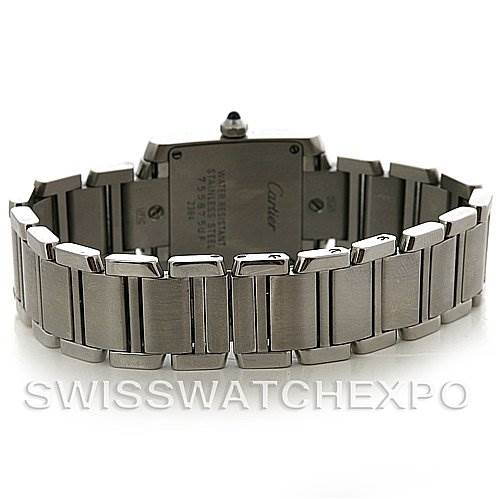 The image shows the back case and bracelet of the Cartier Tank Francaise W51008Q3 Women's Stainless Steel White Dial W51008Q3 Women's Stainless Steel White Dial watch from a rear angle.