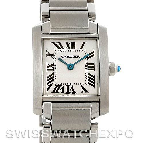 The image shows a front view of the Cartier Tank Francaise W51008Q3 Women's Stainless Steel White Dial W51008Q3 Women's Stainless Steel White Dial watch, highlighting its face, bezel, and part of the metal bracelet.