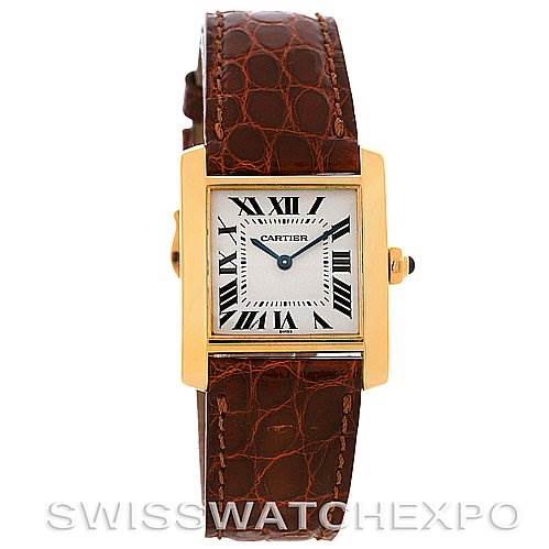 This image shows a front view of a Cartier Tank Francaise Women's Yellow Gold Silver Dial Women's Yellow Gold Silver Dial watch with a brown alligator leather strap and gold case.