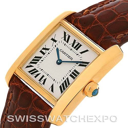 This image shows a Cartier Tank Francaise Women's Yellow Gold Silver Dial Women's Yellow Gold Silver Dial watch from a top angle, highlighting the face, case, and parts of the leather strap.