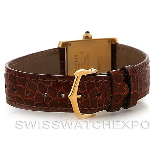 The image shows the back and leather strap of a Cartier Tank Française watch.
