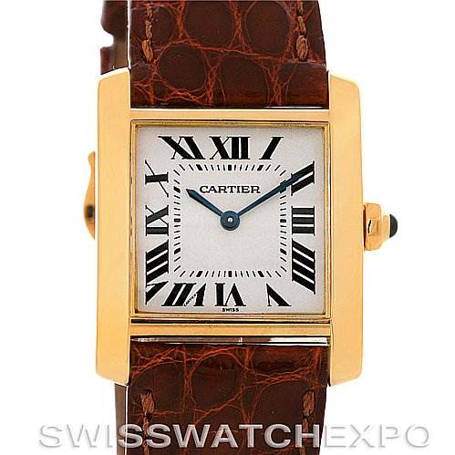 The image shows a front view of the Cartier Tank Francaise Women's Yellow Gold Silver Dial Women's Yellow Gold Silver Dial watch, displaying its square face, Roman numerals, and brown leather strap.