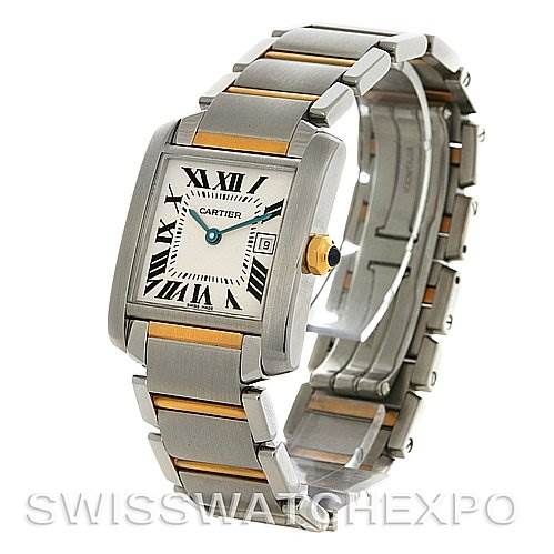 The image shows a Cartier Tank Francaise W51012Q4 Women's Steel and Gold (two tone) Silver Dial W51012Q4 Women's Steel and Gold (two tone) Silver Dial watch at an angled view, highlighting the face, bracelet, and clasp.