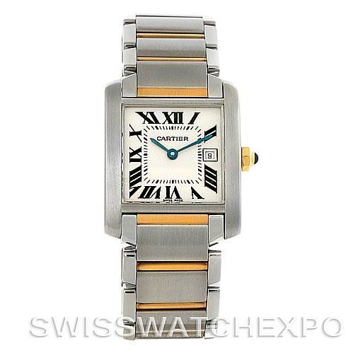 This image shows a Cartier Tank Française watch from the front, highlighting its rectangular face, steel bracelet, and Roman numeral markers.