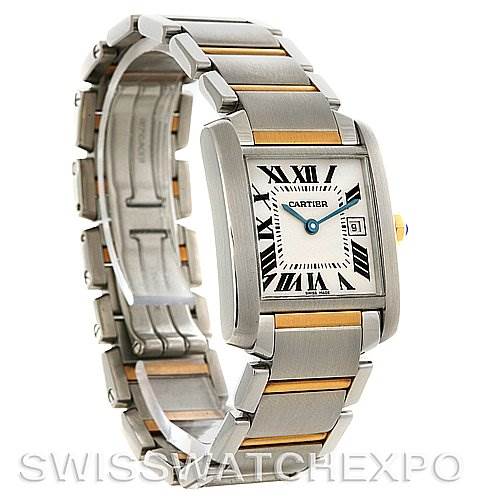 The image shows a Tank Française model by Cartier at a three-quarter angle, displaying the watch face, bezel, and bracelet.