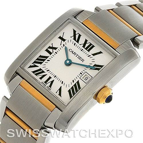 The image shows a close-up of the Cartier Tank Francaise W51012Q4 Women's Steel and Gold (two tone) Silver Dial W51012Q4 Women's Steel and Gold (two tone) Silver Dial watch face and stainless steel bracelet with gold accents, angled slightly to the side.