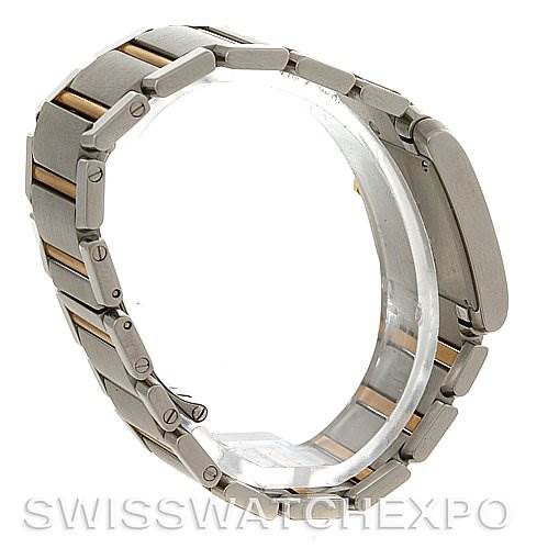 This image shows the side view of a Tank Francaise model by Cartier, focusing on its metal bracelet and clasp.