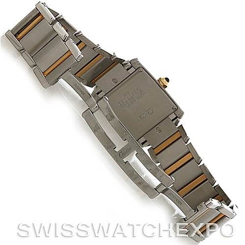 This image shows the back and band of a Cartier Tank Française model watch, highlighting its clasp and metal links.