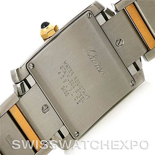 This image shows the back case and part of the strap of a Cartier Tank Française watch from an angled perspective.