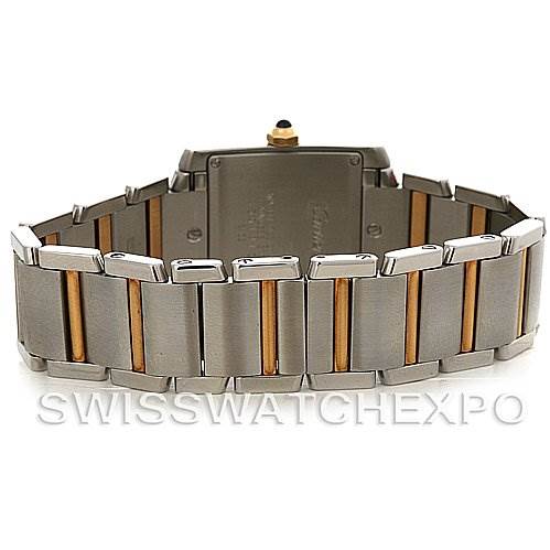 The image shows the back view of the Cartier Tank Francaise W51012Q4 Women's Steel and Gold (two tone) Silver Dial W51012Q4 Women's Steel and Gold (two tone) Silver Dial watch, highlighting the clasp and two-tone bracelet.