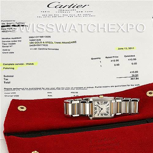 The image shows the Cartier Tank Francaise W51012Q4 Women's Steel and Gold (two tone) Silver Dial W51012Q4 Women's Steel and Gold (two tone) Silver Dial watch laid flat on a red case with its accompanying service receipt.