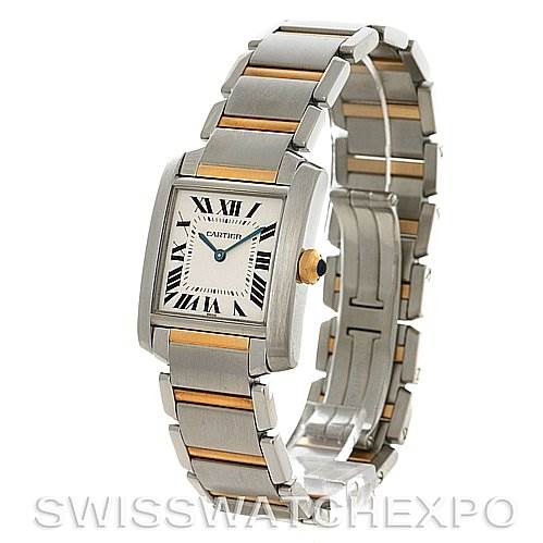 The image shows a Cartier Tank Francaise W51007Q4 Women's Steel and Gold (two tone) Silver Dial W51007Q4 Women's Steel and Gold (two tone) Silver Dial watch from an angled front view, highlighting the bracelet and face details.