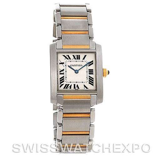 The Cartier Tank Française watch is shown from the front, displaying its rectangular face, Roman numeral hour markers, and two-tone bracelet.