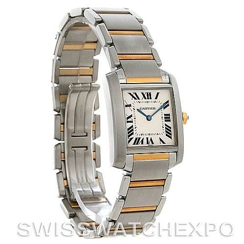 This image shows a Cartier Tank Française watch from a three-quarter angle, highlighting the face and two-tone bracelet.