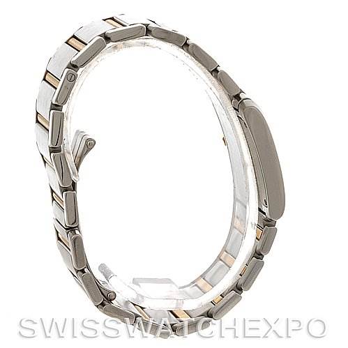 The image shows the side profile of a Cartier Tank Française watch, featuring its bracelet and clasp.