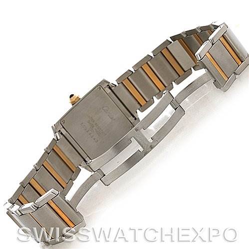 This image shows the back and bracelet of the Cartier Tank Française watch at an angled top view.