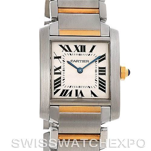 This image shows a front view of a Cartier Tank Francaise W51007Q4 Women's Steel and Gold (two tone) Silver Dial W51007Q4 Women's Steel and Gold (two tone) Silver Dial watch, including the dial, case, and part of the bracelet.
