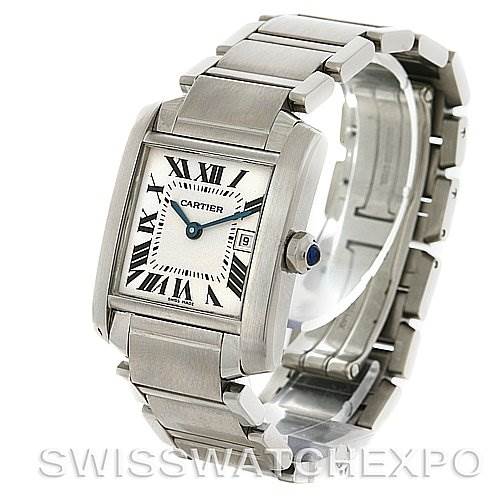 The image shows a Cartier Tank Française model watch from an angled view, highlighting the face, bracelet, and deployment clasp.