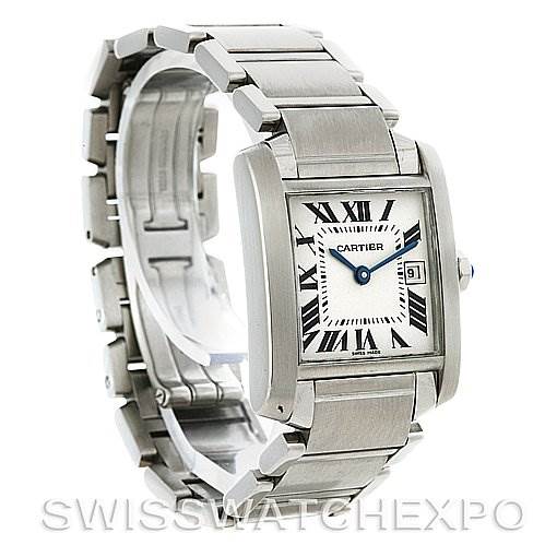 The image shows a Cartier Tank Francaise W51011Q3 Women's Stainless Steel Silver Dial W51011Q3 Women's Stainless Steel Silver Dial watch from an angle highlighting the face, bracelet, and clasp.