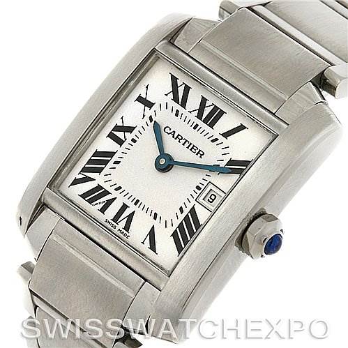 The image shows a close-up of a Cartier Tank Francaise W51011Q3 Women's Stainless Steel Silver Dial W51011Q3 Women's Stainless Steel Silver Dial watch from an angled perspective, highlighting the face, bracelet, and crown.