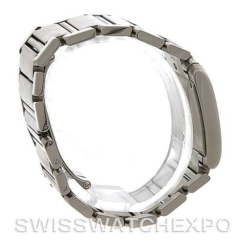 This image shows a side profile view of the Cartier Tank Francaise W51011Q3 Women's Stainless Steel Silver Dial W51011Q3 Women's Stainless Steel Silver Dial watch, highlighting its stainless steel bracelet and clasp.