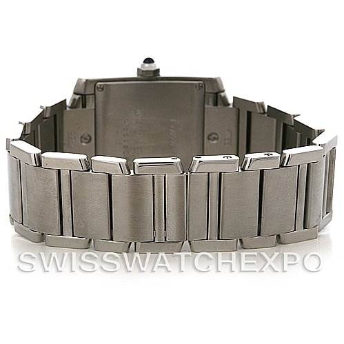 This image shows the back view and bracelet of the Cartier Tank Française watch.